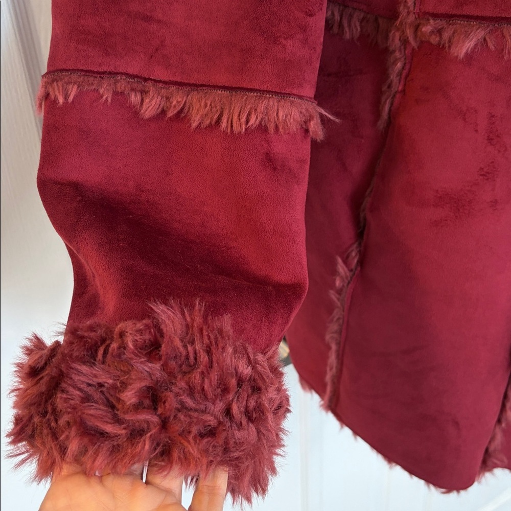 DONNA SALYERS FABULOUS FURS OVERSIZED FAUX SUEDE/FUR BURGUNDY JACKET COAT SZ XL - Picture 4 of 14